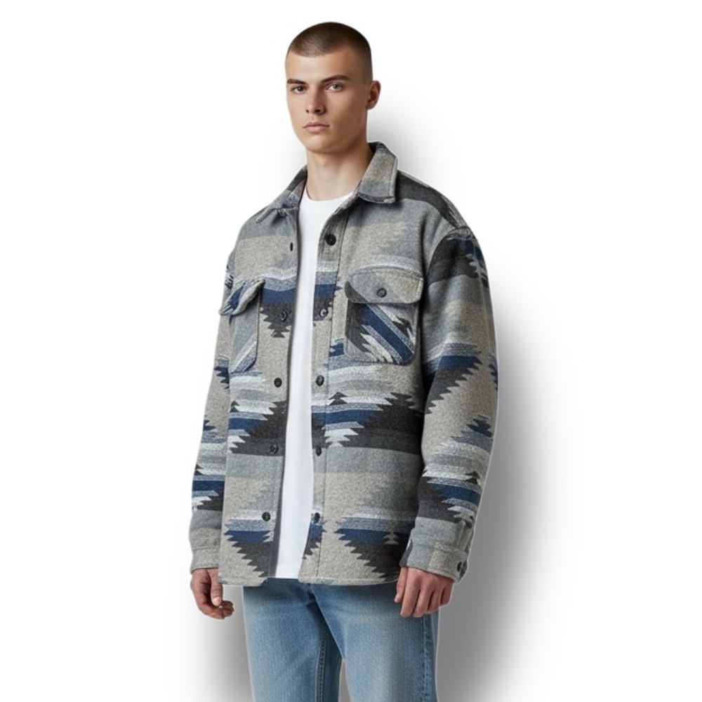 Jachs Mens Southwest Wool Blend Sherpa Lined Jacket Shacket Casual Tan/Blue XXL